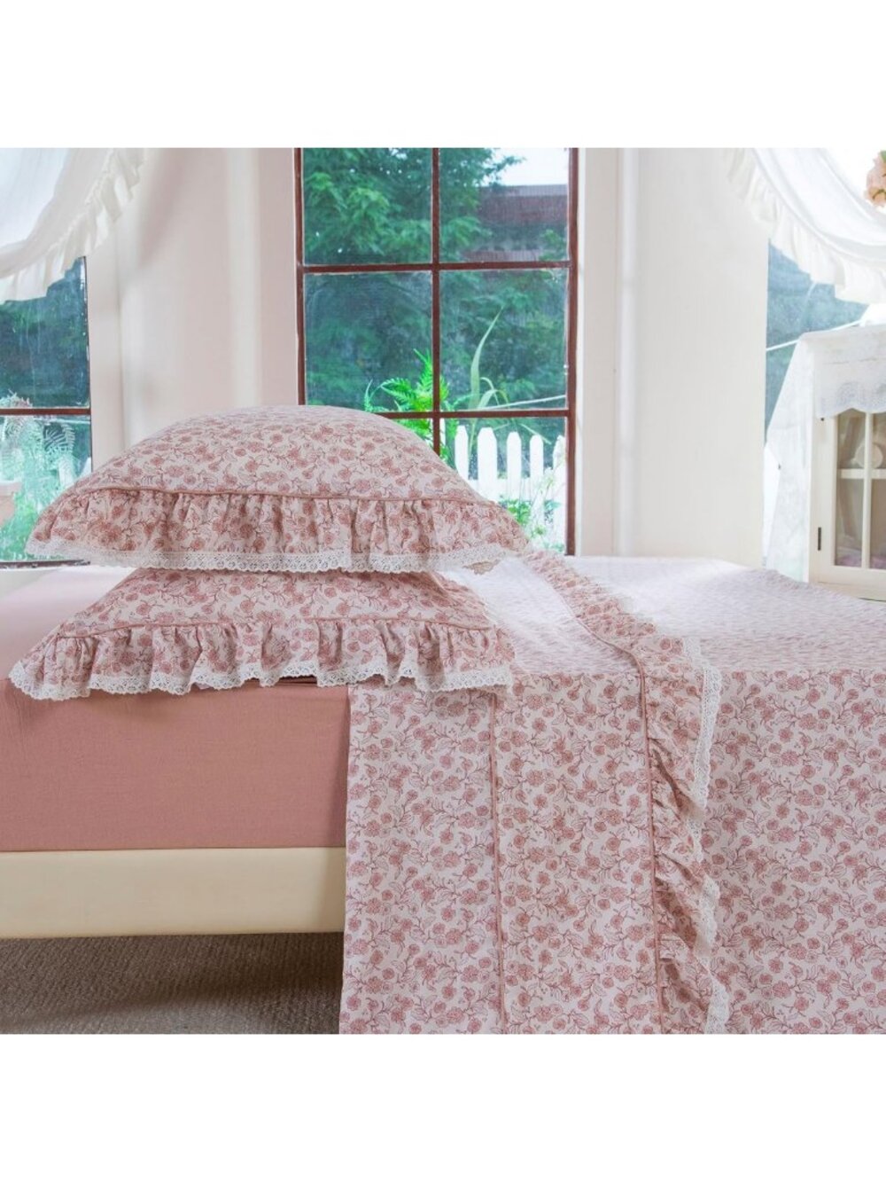 Blush Floral 100% Cotton Sheet Set, 4-Piece Vintage Ruffle Bedding, Soft Lace